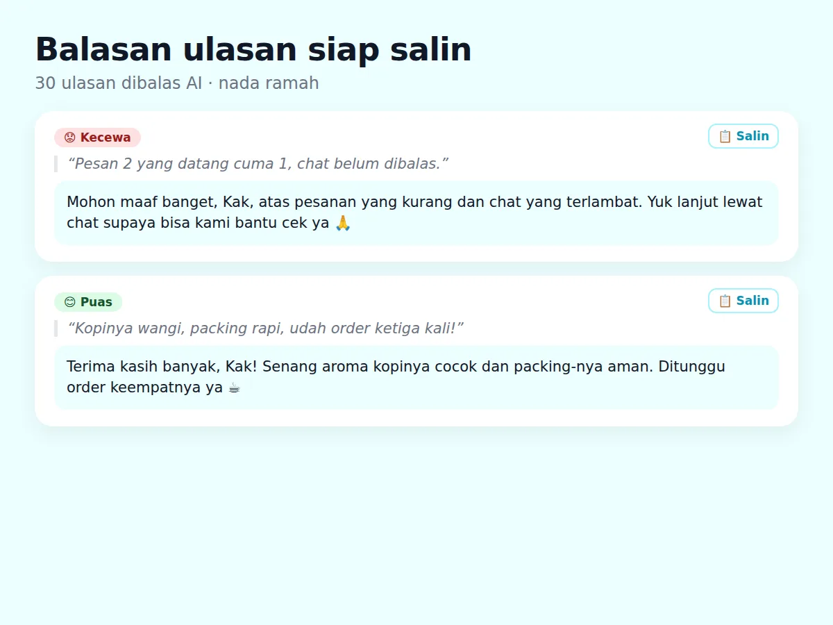 BalasUlasan — ilustrasi Tempel ulasan pelanggan, AI menulis balasan yang nyambung untuk tiap ulasan · nada ramah, formal, atau santai
