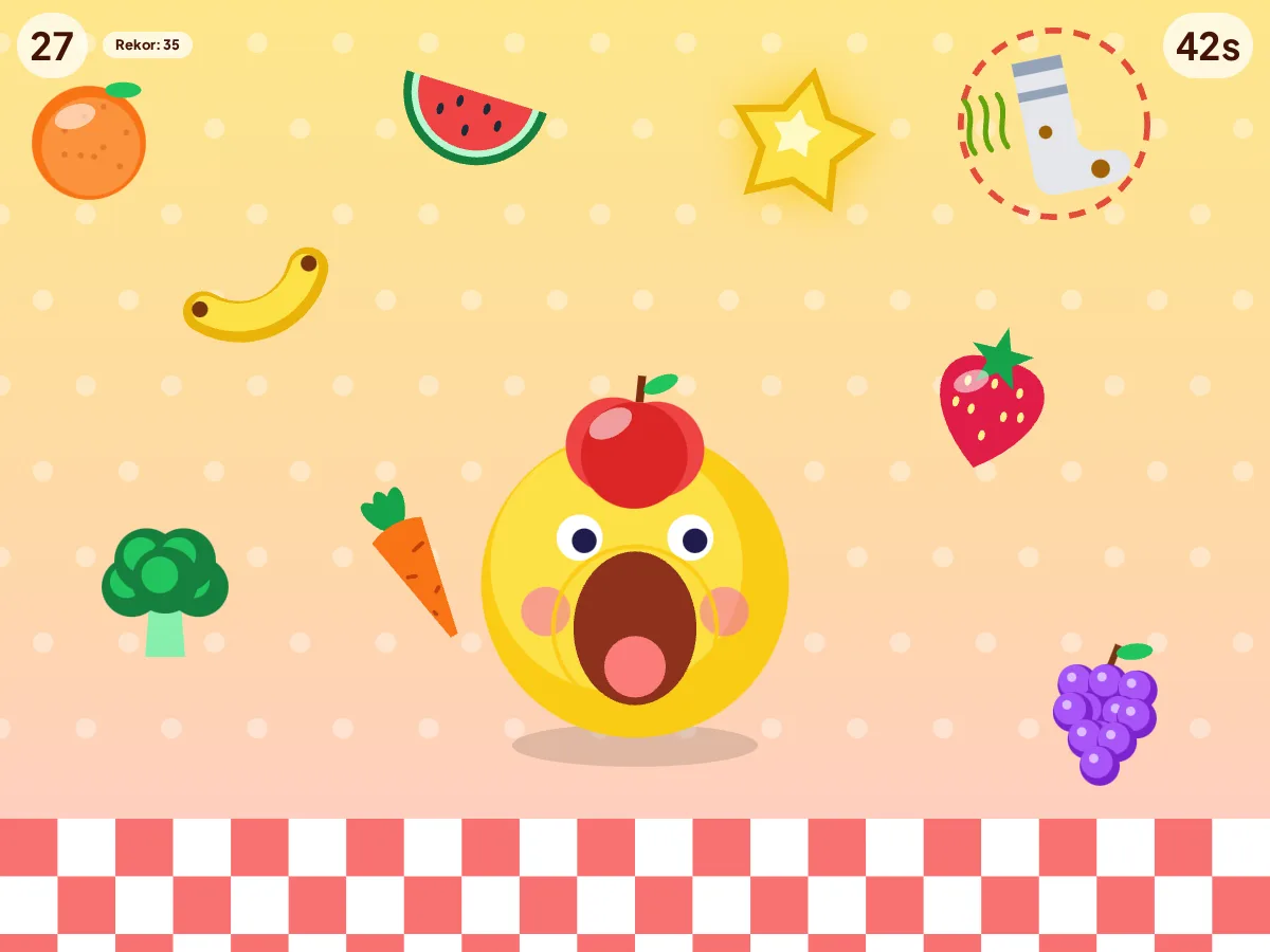 NyamNyam — ilustrasi Game mangap makan buah · AI membaca gerak mulut lewat kamera