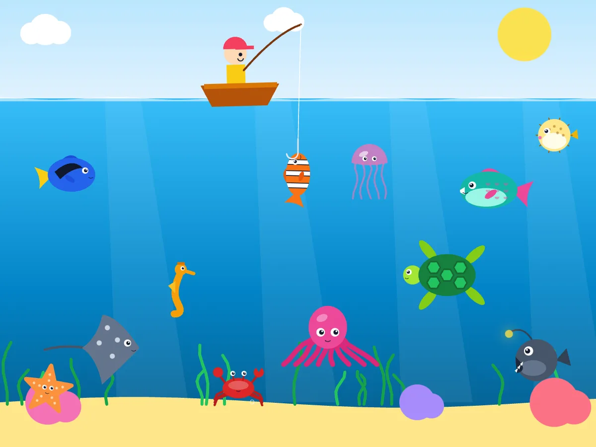 PancingKu — ilustrasi Simulasi memancing anak · kenalan dengan 13 hewan laut