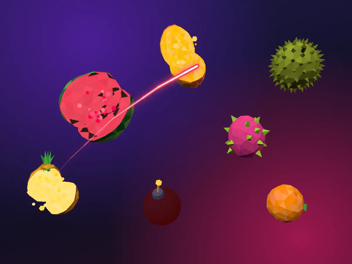 SliceFruit — ilustrasi Game potong buah 3D · hand tracking pakai kamera