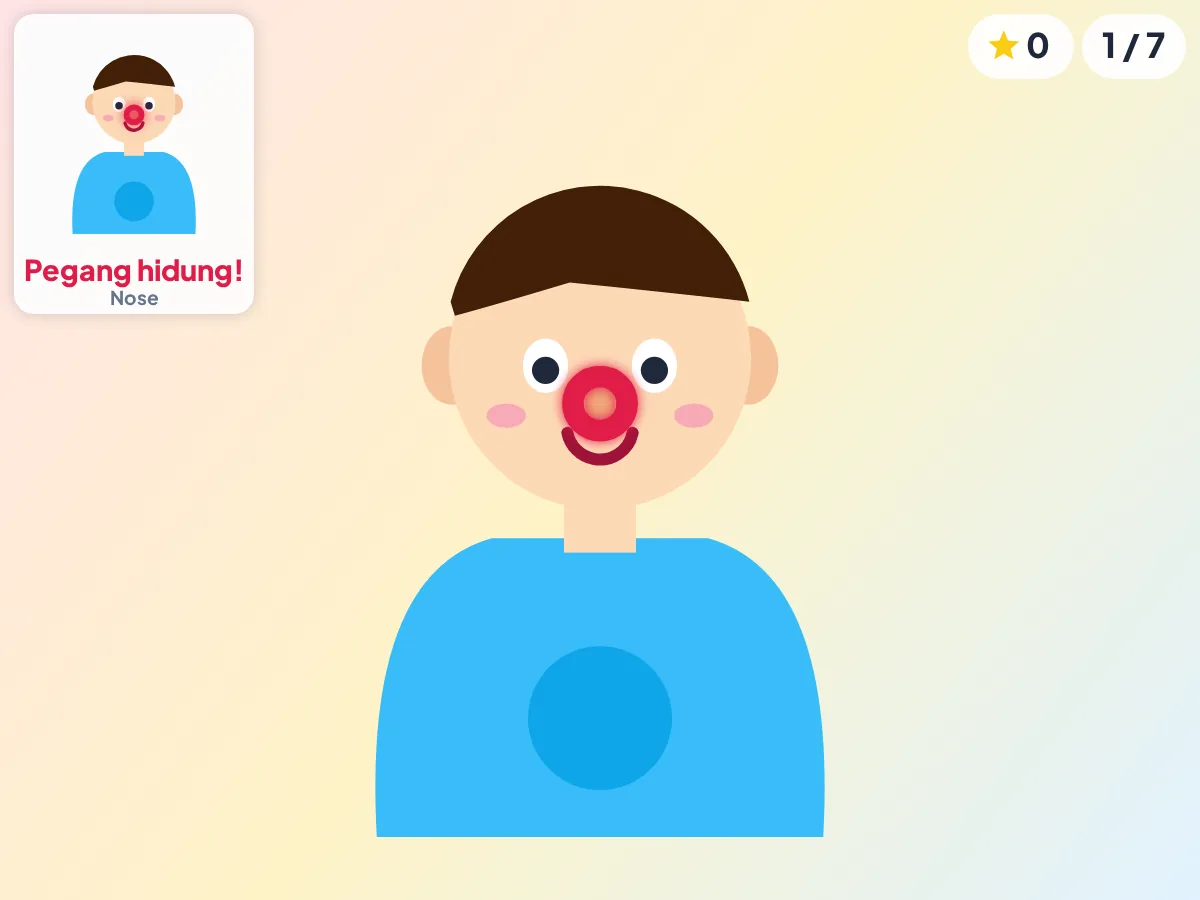 TubuhKu — ilustrasi Belajar mengenal anggota tubuh · pegang bagian tubuh, AI memeriksanya